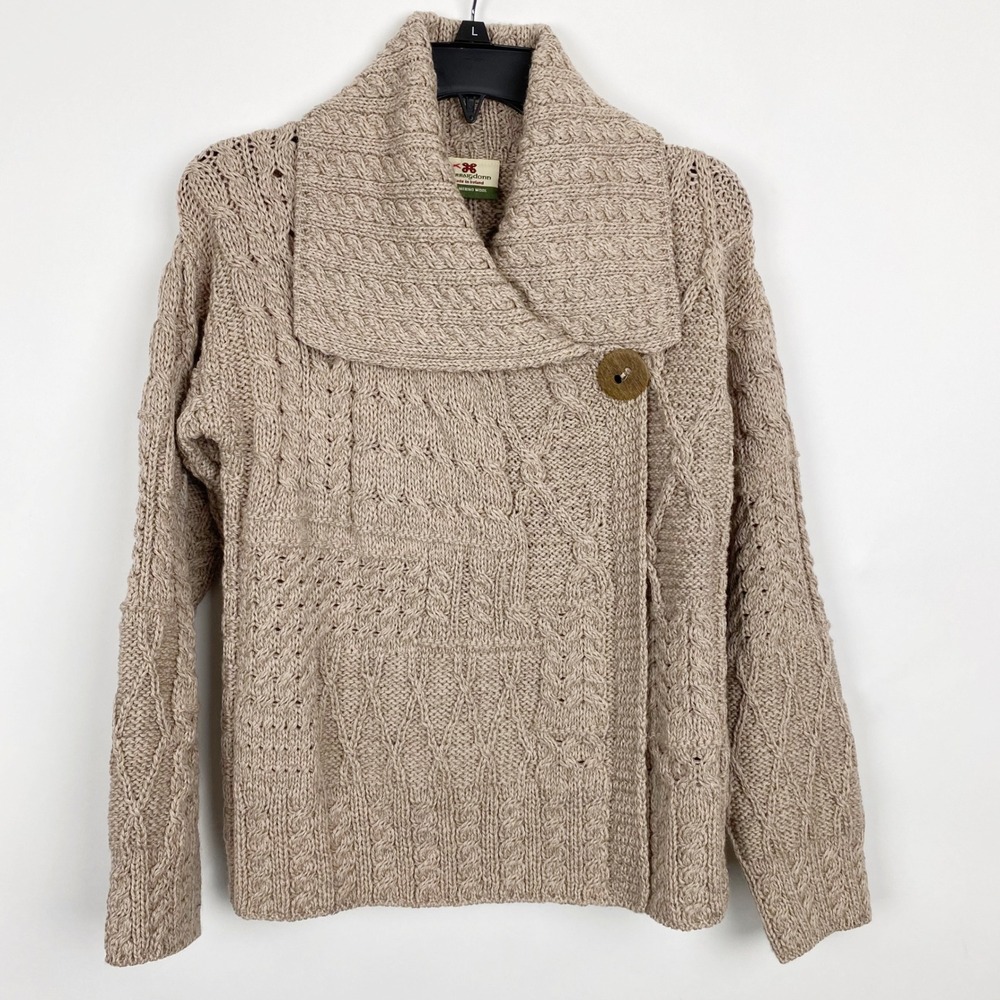 Carraig Donn Aran Cable Knit Merino Wool Wrap Sweater Women XS Oatmeal Beige